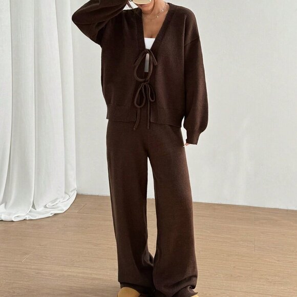 Brown Casual Women's Tie-Front Cardigan And Sweatpants Set - Picture 6 of 7